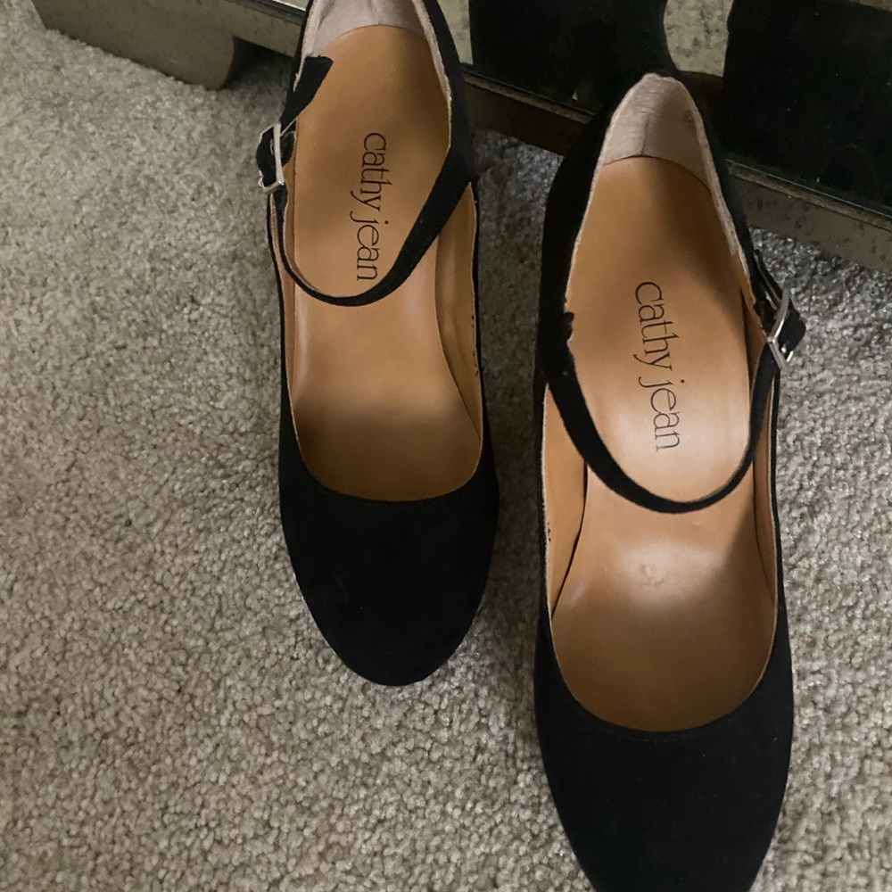 Cathy Jean Black Suede Thick Heel And Ankle Strap